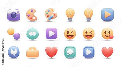 Cute cartoon vector buttons and emoji set. Bubble-like shapes and unique expressions, fresh original icons for British app interfaces and product identity
