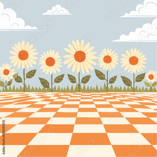 Checkerboard, chessboard, daisy flowers groovy retro 70s style vector backgrounds.