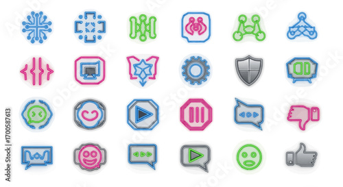 Futuristic vector icon set with neon glowing lines. Cyberpunk-inspired UI buttons and unique angular emoticons, perfect for a British tech brand