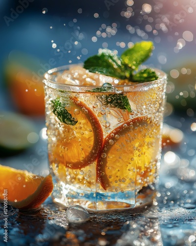 Refreshing citrus cocktail with bubbles, fruit, and ice on a wet surface