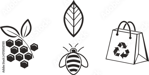 Eco-friendly symbols: honeycomb, leaf, bee, and recycled bag for sustainable living and design
