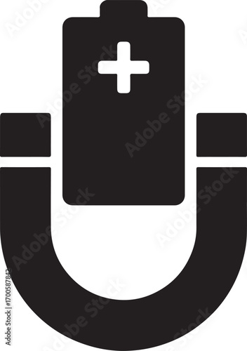 Magnet battery science silhouette vector icon for energy, physics, electricity, and research design.