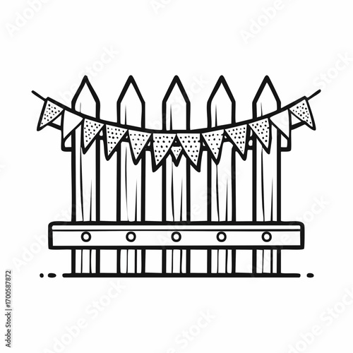 A charming hand-drawn illustration of a wooden picket fence decorated with festive bunting flags for a garden party or celebration