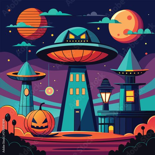 Mysterious ufo lights illuminating spooky extraterrestrial jack o lanterns in the night sky
