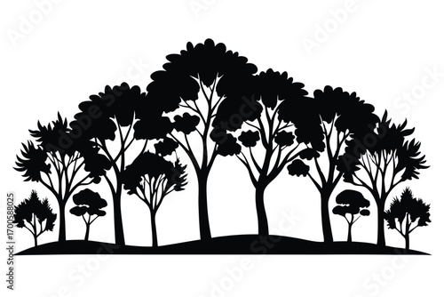 Black Silhouette of Trees Forest Landscape Illustration, Various Sizes and Shapes Nature Vector