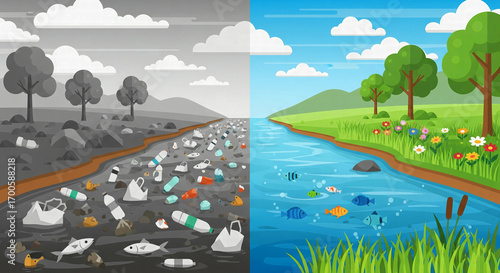 An illustration contrasting a river polluted with trash and a clean, healthy river full of life