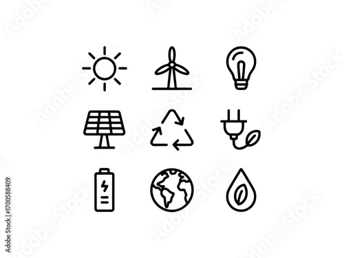 Line art illustration featuring renewable energy sources and environmental conservation representing sustainable solutions for a greener future
