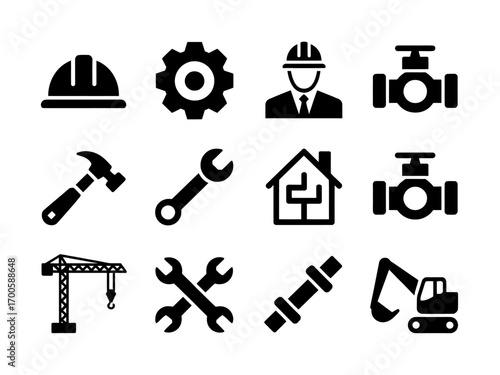 Construction and engineering vector icon set featuring a hard hat gear wrench valve house blueprint crane excavator and engineer