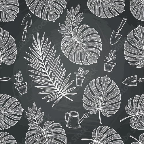 Chalkboard botanical pattern featuring monstera leaves and gardening tools design, seamless pattern, Stock royalty.
