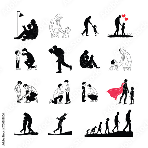 This name summarizes the content (silhouettes of people), the style (vector), and the variety (different actions like dance, sport, Dad And Son etc.) in a simple sentence without using a colon