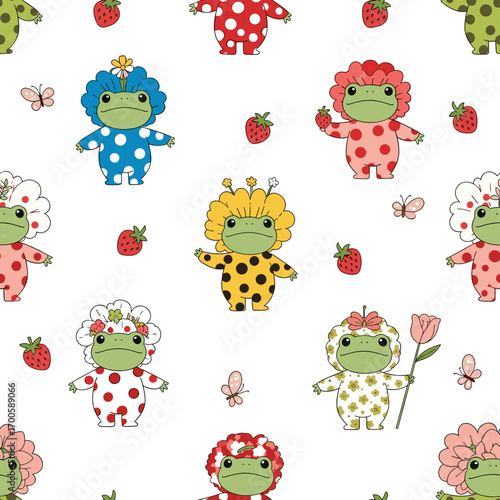 Adorable frogs in cute outfits and fruity designs with delicate butterflies