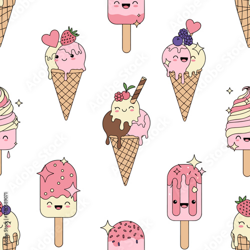 Kawaii frozen desserts sweet treats featuring adorable ice cream cones and popsicles with happy faces and sparkles