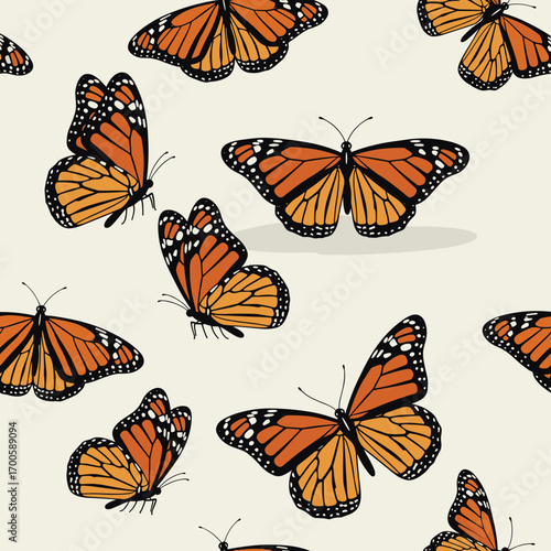 Vibrant orange monarch butterflies fluttering gracefully across a creamy background creating a captivating natural pattern