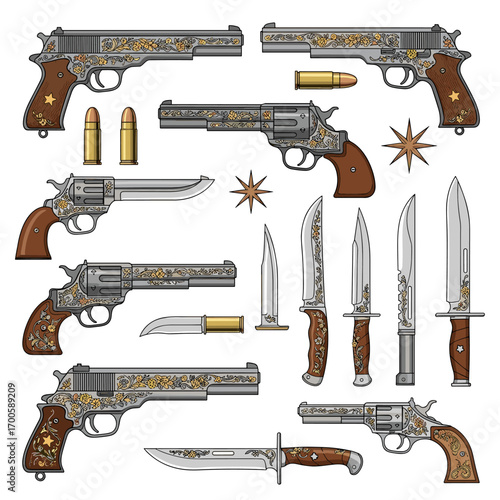 Collection of ornately decorated vintage firearms and blades with intricate floral detailing and ammunition displayed