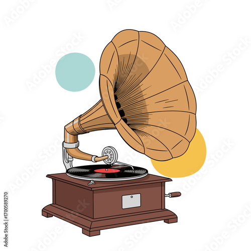 Vintage gramophone playing music creating a nostalgic atmosphere with colorful bubbles floating around