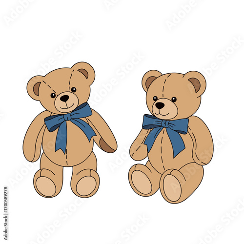 Two adorable teddy bears wearing blue ribbons a charming illustration of classic toys for children