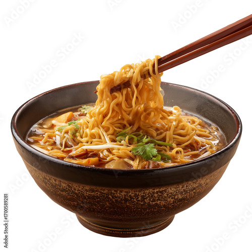 Chinese soup noodles in the bowl, Chinese la mian, Chinese cuisine, traditional chinese food, isolated on white transparent background, menu photography, food photography