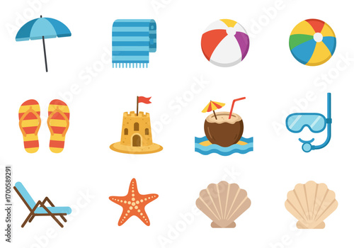 A flat vector graphics collection showcases summer beach elements