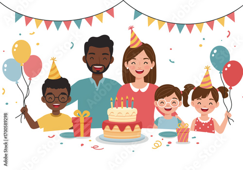 A family of five celebrates a birthday with a cake gifts and colorful decorations