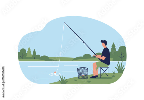 A man sits fishing pole cast into blue water near green vegetation