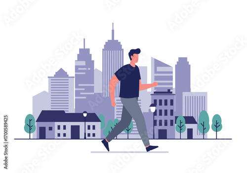 A man strides in front of a stylized cityscape blending urban  pedestrian elements