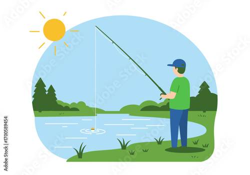 A person fishes in a pond under the sun surrounded by trees and grass
