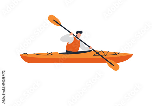 A person in a yellow kayak paddling with a black and yellow paddle