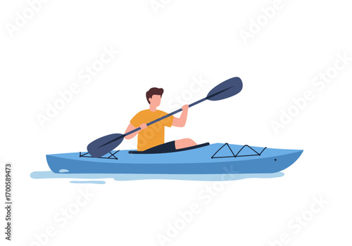 A person is in a blue kayak using a paddle on calm water
