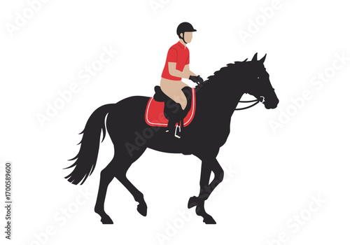 A silhouette of a horse with a rider wearing a red shirt and black helmet