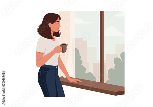 A woman holds a mug while looking out a window