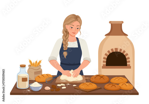 A woman in an apron kneads dough at a table with bread ingredients and a brick oven behind