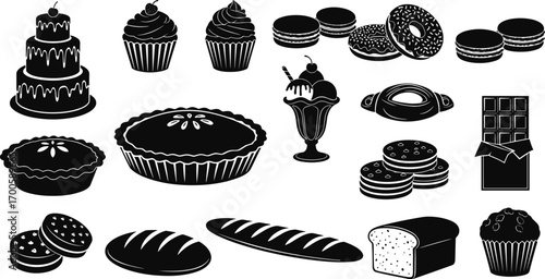 Black and white dessert and bakery icons set, including cake, cupcakes, pie, ice cream, cookies, bread, chocolate, donuts, and macaron