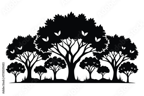 Silhouette of Diverse Trees in a Dense Forest, with Varying Sizes and Shapes