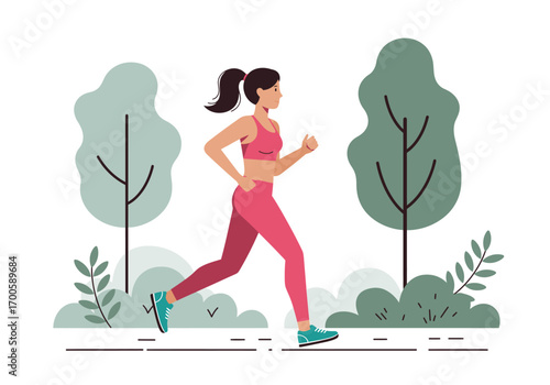 A woman in pink running gear jogs on a path near trees and greenery