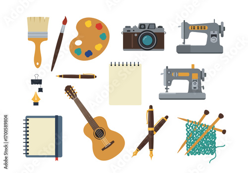 An illustration presents diverse art supplies brushes palette cameras pens sewing machines a guitar knitting and notebooks