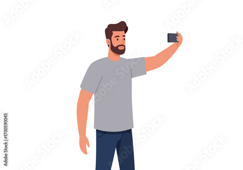 Bearded man in grey shirt takes selfie with phone