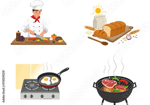 Collage displays cooking chef chopping vegetables breadflour eggs frying  grilling meatvegetables