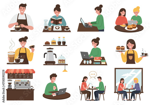 Coffee shop scenes depict baristas patrons reading working and socializing