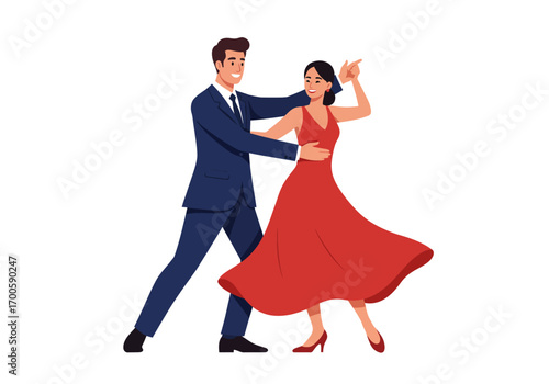 Couple dancing man in a suit woman in a red dress both smiling
