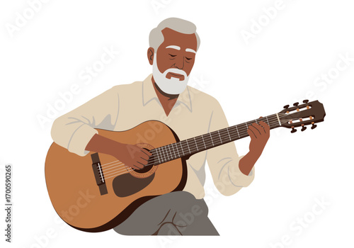 Elderly man with gray hair and beard plays acoustic guitar