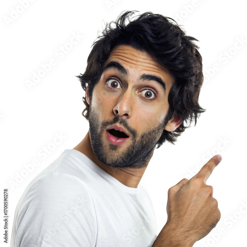 Surprised man with dark curly hair points to the side isolated on transparent background