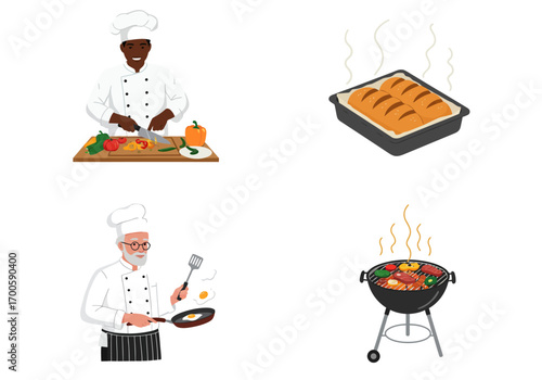 Four cooking vignettes with chefs cutting vegetables baking bread frying eggs and grilling on a barbecue