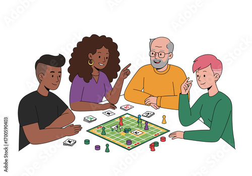 Four diverse individuals are playing a board game around a table