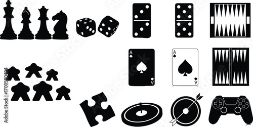 Black game icons set, chess pieces, dice, dominoes, playing cards, board games, puzzle piece, target with arrow, game controller, fun leisure, hobby activities vector