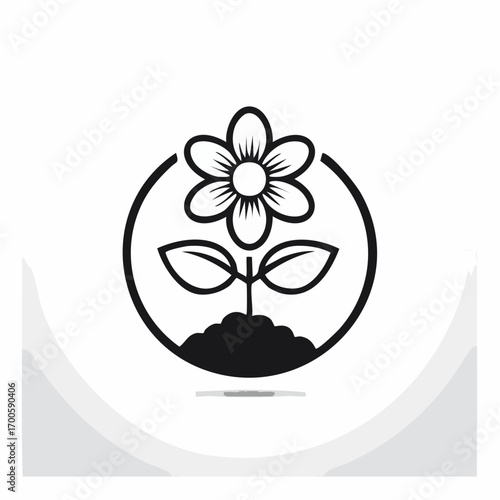 Monochromatic line art icon of a blooming flower in soil, enclosed within a circle. Symbolizing growth, nature, and ecology