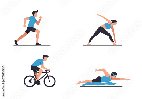 Four exercise activities running stretching cycling  swimming