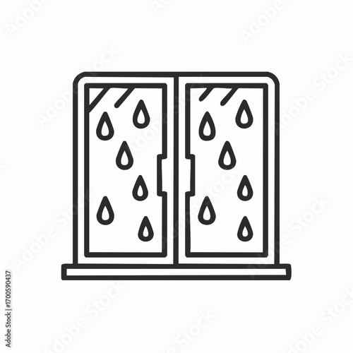 Minimalist window icon with raindrops on the glass pane, a linear pictogram representing rainy weather, storms, and condensation