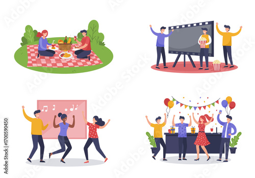 Four illustrations depict people enjoying leisure picnic movie music  party