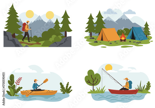 Four illustrations depict outdoor activities hiking camping kayaking and fishing