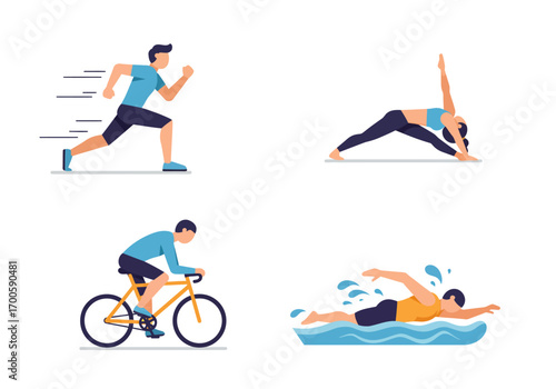Four illustrations depict running yoga biking and swimming activities
